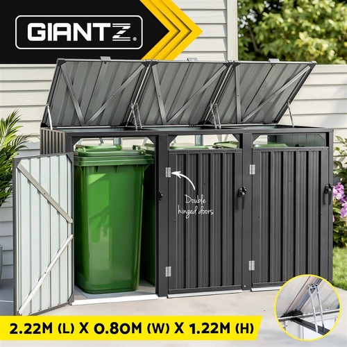 Giantz Bin Shed Triple Wheelie Waste Bins Storage Steel Garden Enclosure Grey