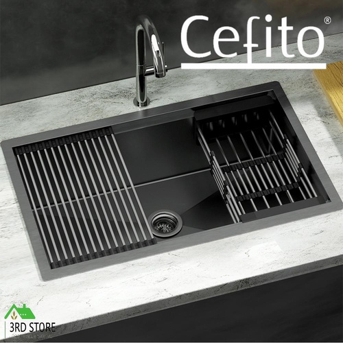 Cefito Kitchen Sink Stainless Steel 70X45CM Single Bowel with Drying Rack Black