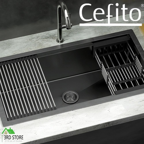 Cefito Kitchen Sink Stainless Steel 81X45CM Single Bowel with Drying Rack Black