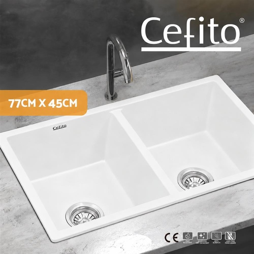 Cefito Kitchen Sink 77x45cm Granite Stone Sink Double Bowl White