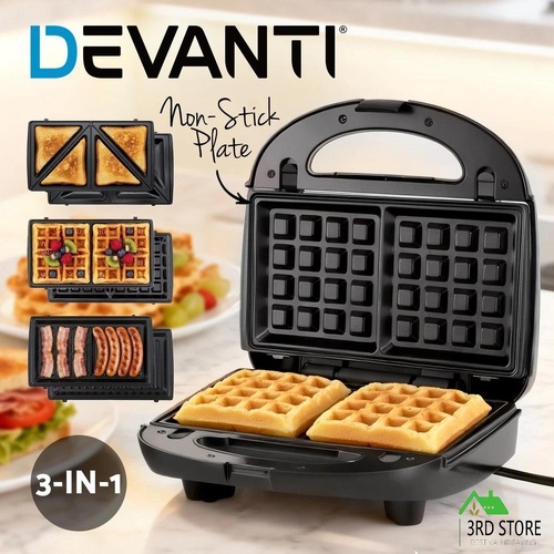 RETURNs Devanti 3-in-1 Sandwich Press Waffle Maker Panini Press Grill 850W Fast Heating