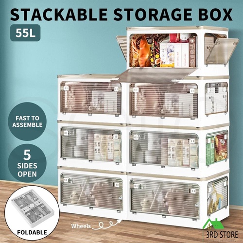 55L Storage Boxes Stackable Container with Lid 5 Sides Open Wardrobe Foldable