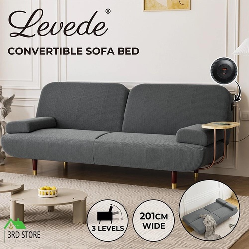 Levede 3 Seater Convertible Sofa Bed Couch with USB Charging & Side Table Grey