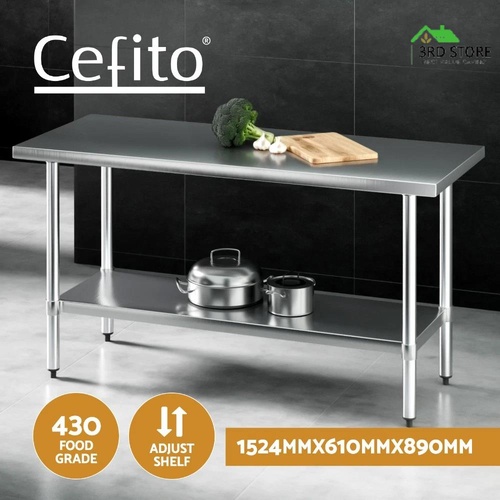 Cefito Stainless Steel Kitchen Benches Work Bench Food Prep Table 1524x610mm 430