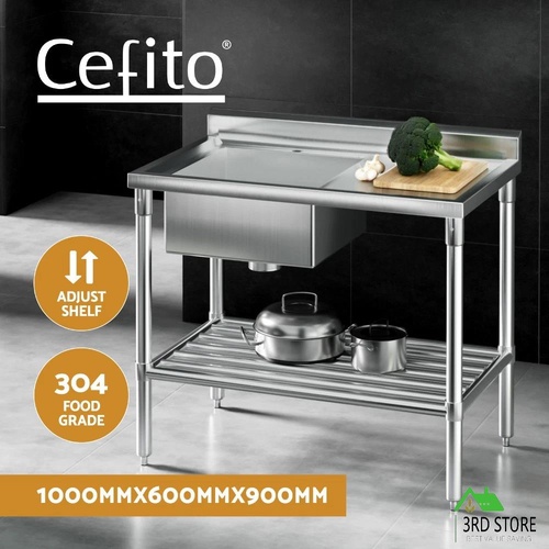 Cefito Stainless Steel Sink Bench Kitchen Work Benches Single Bowl 100x60cm 304