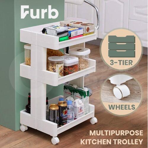 Furb Plastic Storage Basket Wheels Kitchen Trolley Carts 3 layer