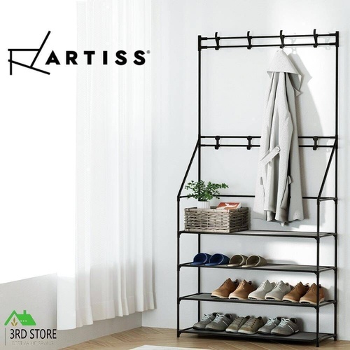 Artiss Shoe Rack Coat Hat Stand Hallway Shoes Storage Tree Metal Shelves Black