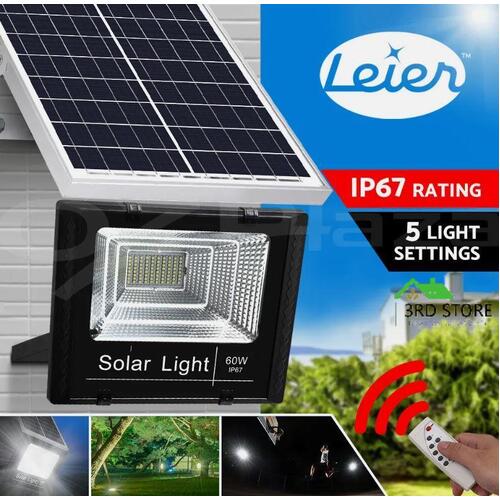 Leier Solar LED Flood Light Street Outdoor Garden Sensor Remote Security 60W