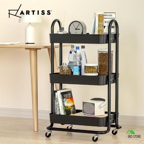 Artiss Storage Trolley Kitchen Cart 3 Tiers Rack Shelf Organiser Wheels Black