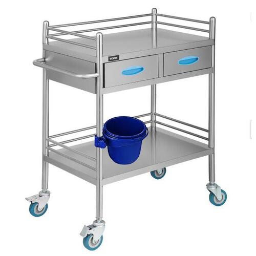 VEVOR Medical Dental Lab Serving Carts Trolley 2 Drawer Portable Stainless Steel
