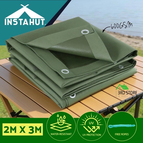 Instahut 2x3m Tarp Tarpaulin 600GSM Camping Canvas Heavy Duty Water Resistant