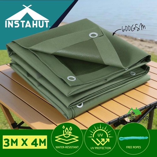 Instahut 3x4m Tarp Tarpaulin 600GSM Camping Canvas Heavy Duty Water Resistant
