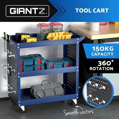 Giantz 3-Tier Tool Trolley Cart Workshop Wheels Mobile Work Mechanic Storage Blue