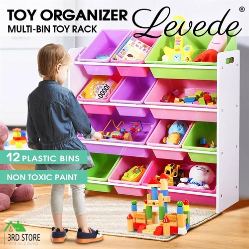 RETURNs Levede 4 Tier Wooden Kids Children Toy Organizer Bookshelf with 12 Plastic Bins