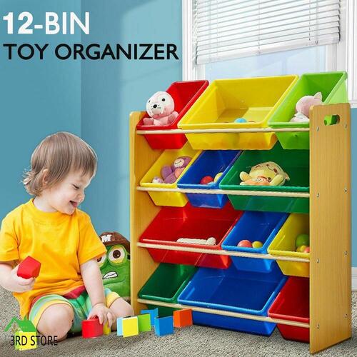 Levede 4 Tier Wooden Kids Toy Organizer Bookshelf with 12 Plastic Bins
