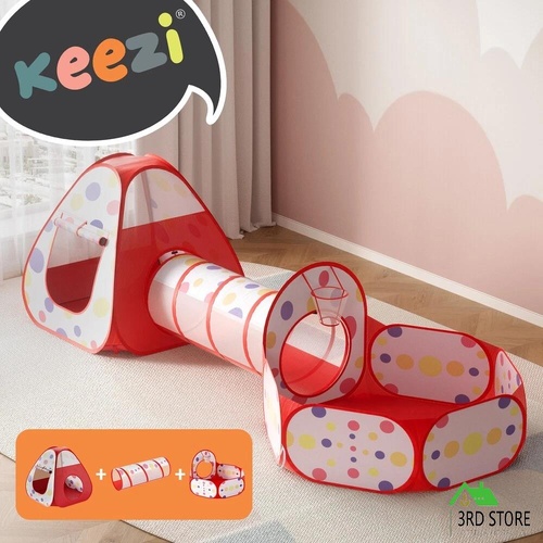 Keezi Kids Playhouse Play Tent Pop Up Teepee Ball Pit Tunnel Basketball Hoop Red