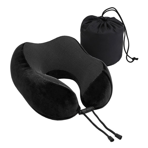Wanderlite Travel Neck Pillow for Airplanes Memory Foam with Storage Bag, Black