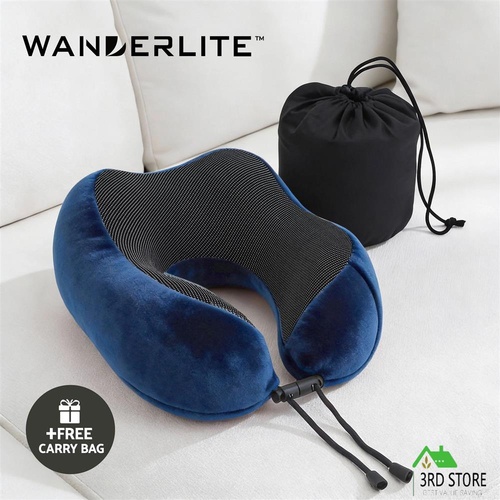 Wanderlite Travel Neck Pillow for Airplanes Memory Foam with Storage Bag, Blue