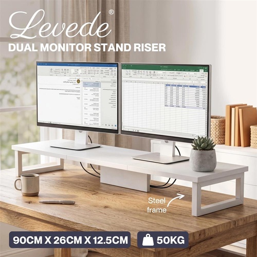 Levede Dual Monitor Stand Riser Desk Laptop Computer Organizer Laptop Shelf 90cm