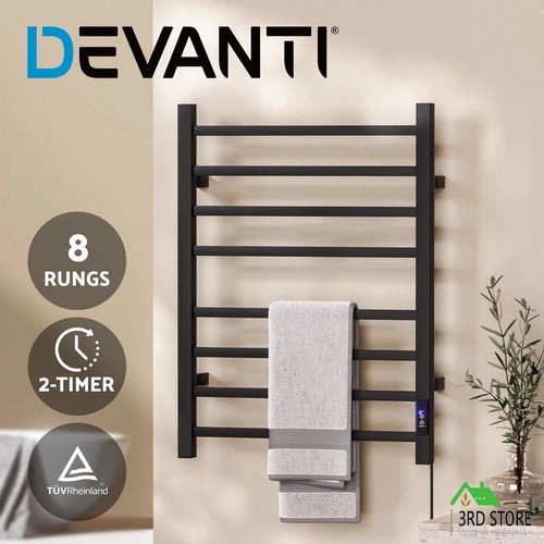 Devanti Heated Towel Rail 8 Square Bars with Timer Electric Heater Warmer Rack