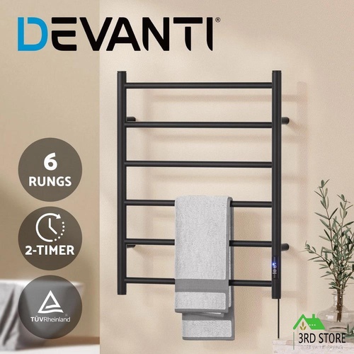 Devanti Heated Towel Rail 6 Round Bars  with Timer Electric Heater Warmer Rack