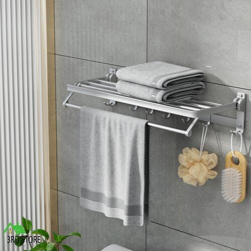 Towel Rail Rack Holder 4 Bars Wall Mounted Aluminium Foldable Hanging Hook