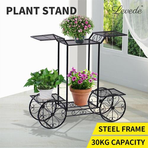 Levede Metal Plant Stand with 6 Plant Pots Space with 4 Wheels Black Spring