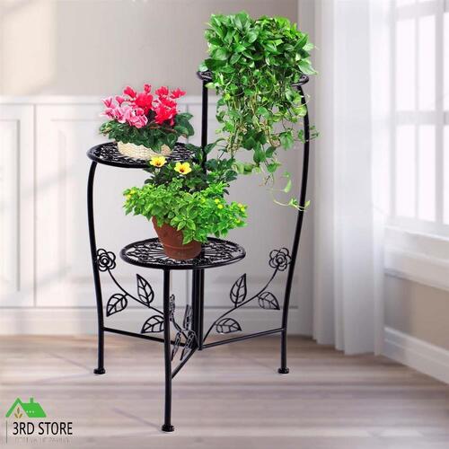 Wrought Iron Outdoor Indoor Flower Pots Plant Stand Garden Metal Corner Shelf Black