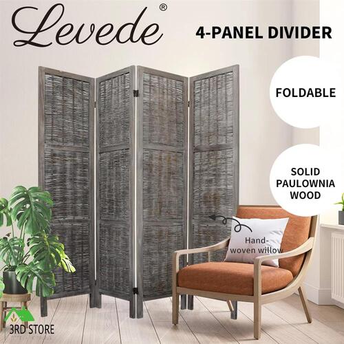 Levede 4 Panels Room Divider Screen Privacy Rattan Timber Fold Woven Grey