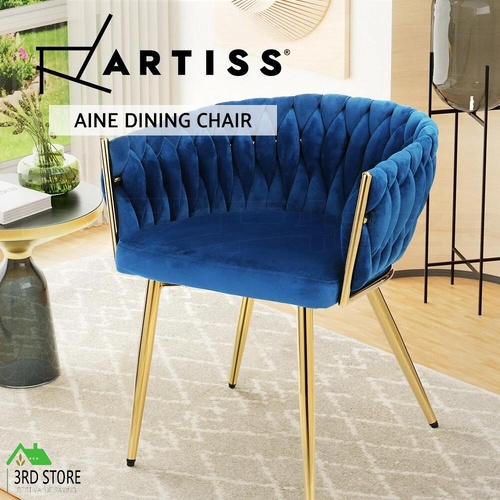 Artiss Dining Chair Cafe Chair Velvet Upholstered Woven Back Armrest Blue