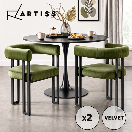 Artiss Dining Chairs Set of 2 Velvet Upholstered Barrel Chairs with Curved Armrests & Back Green