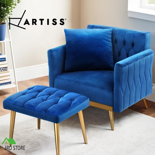 Artiss Armchair Ottoman Recliner Lounge Accent Chair Sofa Pillow Velvet Blue
