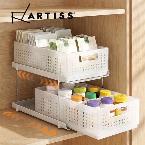 Artiss Under Sink Organizer 2 Tier Pull Out Drawer with Removable Baskets & Divider White