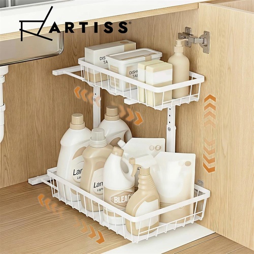Artiss Under Sink Organizer Storage with 2 Slide Out Drawers 5 Adjustable Height Bathroom Kitchen Cabinet