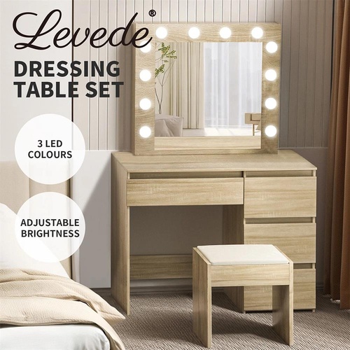 Levede Dressing Table Makeup Mirror Led Vanity Stool Set Jewellery Organizer