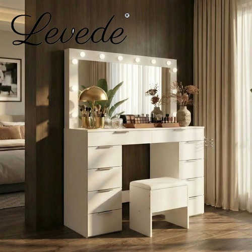 Levede Dressing Table LED Makeup Mirror Stool Set Vanity Desk Cabinet 10 Drawers