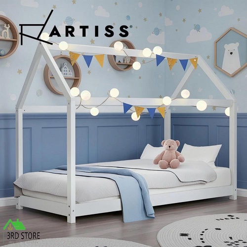 Artiss Bed Frame Single Wooden House Bed Base Kids White Timber Wood Platform