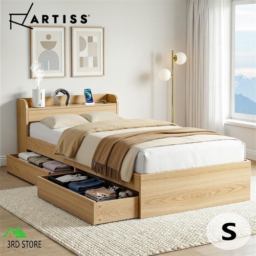 Artiss Single Bed Frame with 2 Storage Drawers Platform Bed Base with USB Ports Sturdy Wooden Slat Support Natural