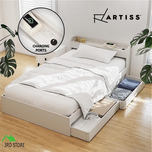 Artiss Bed Frame Single Size with Charging Ports and 2 Drawers AURA