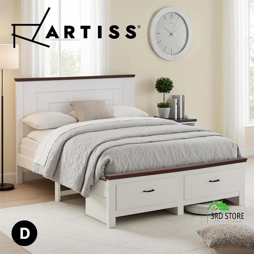 Artiss Double Wooden Bed Frame with 2 Drawer Platform Bed White Bed Base