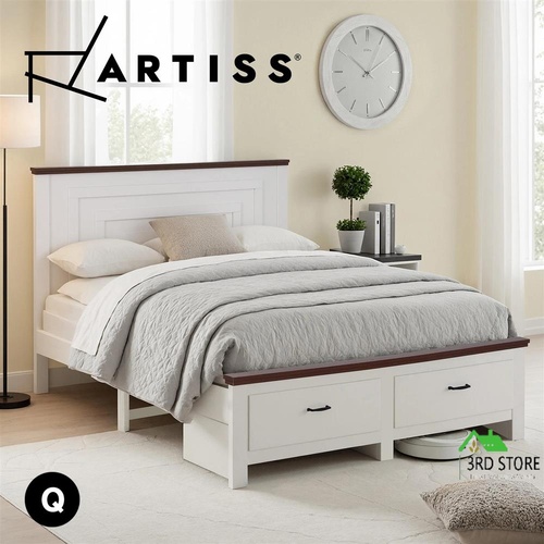 Artiss Queen Wooden Bed Frame with 2 Drawer Platform Bed with 108cm Solid High Headboard White Bed Base for Bedroom Easy Assembly