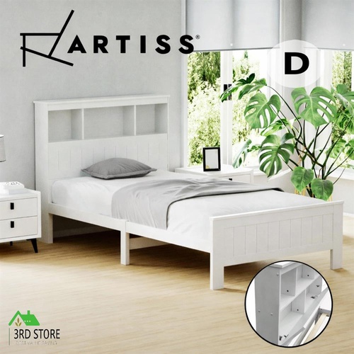 Artiss Bed Frame Double Size Wooden with 3 Shelves Bed Head White