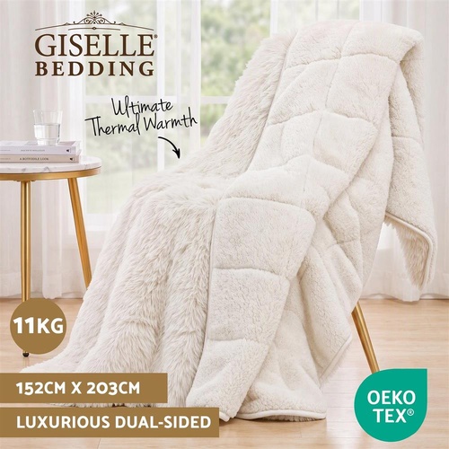 Giselle Faux Fur Weighted Blanket 2 Sided Long Pile Sherpa Reverse Cream 11KG 152 x 203cm