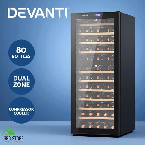 Devanti Wine Cooler Fridge Compressor Dual Zone Cellar Chiller 80 Bottles Black
