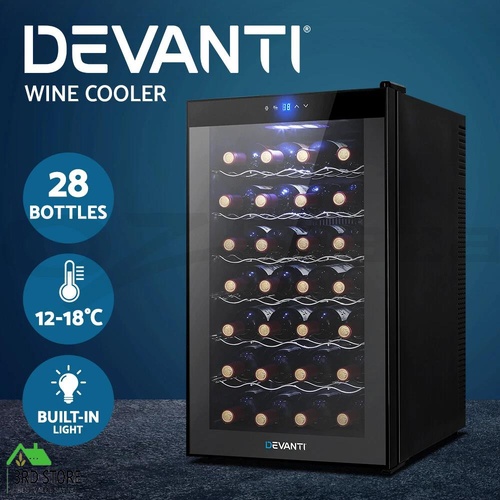 RETURNs Devanti Wine Cooler 28 Bottle Thermoelectric Chiller Storage Fridge Cellar Black