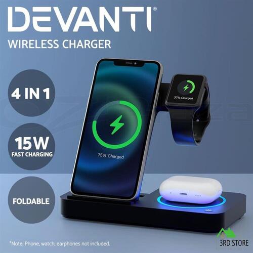 Devanti 4-in-1 Wireless Charger Dock Fast Charging for Apple iWatch Airpod Black
