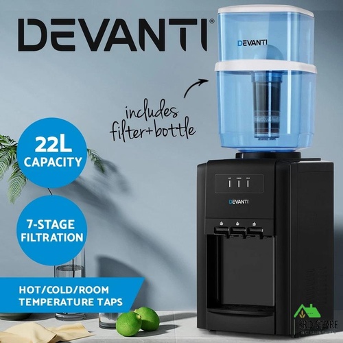 22L Devanti Water Cooler Dispenser Bench Top 3 Taps Chiller Filter Purifier Three Taps Balck