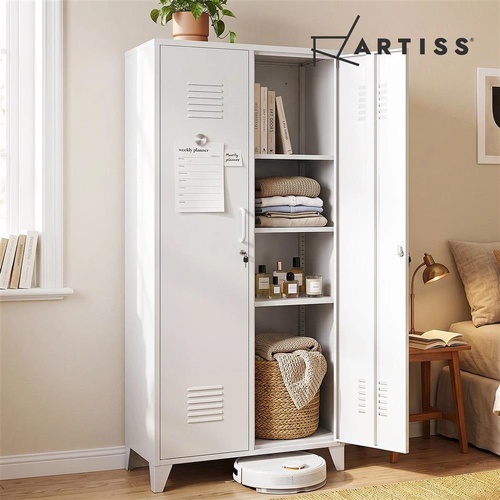 Artiss Lockable Wardrobe Cabinet Organizer Storage Hanging Rod 2 Door White