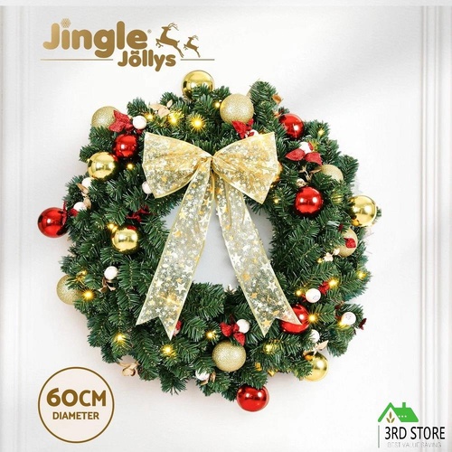 Jingle Jollys Christmas Wreath 60CM LED Garland Berries Bow Baubles Xmas Decor