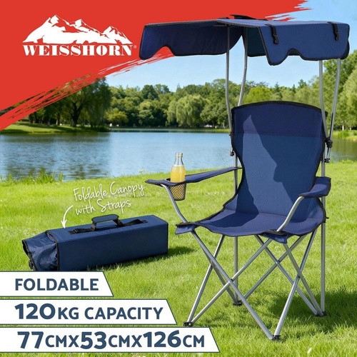 Weisshorn Camping Chair With Canopy Folding Outdoor Portable Seat Lightweight Beach Picnic Fishing Capacity 120KG Navy Blue